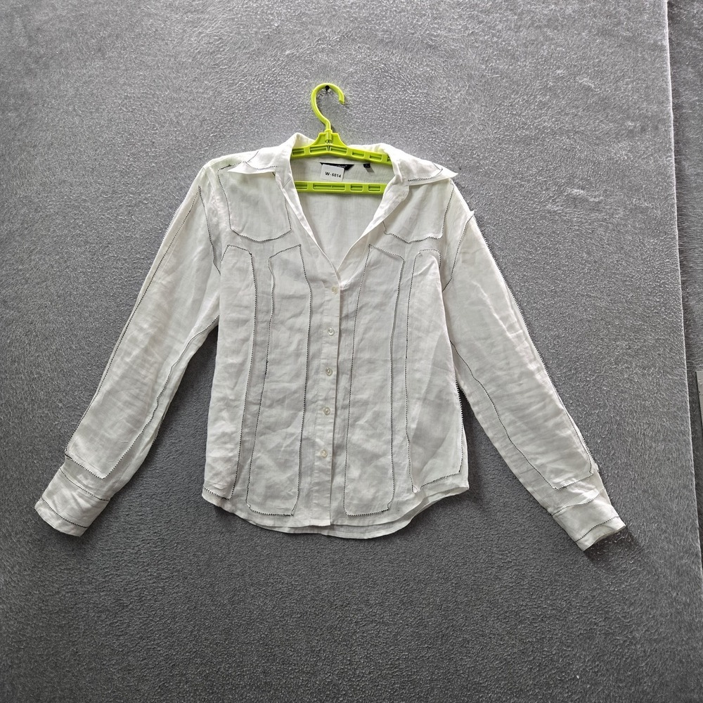 Samuel Dong Women Button Up Shirt M White Linen Collared Front READ